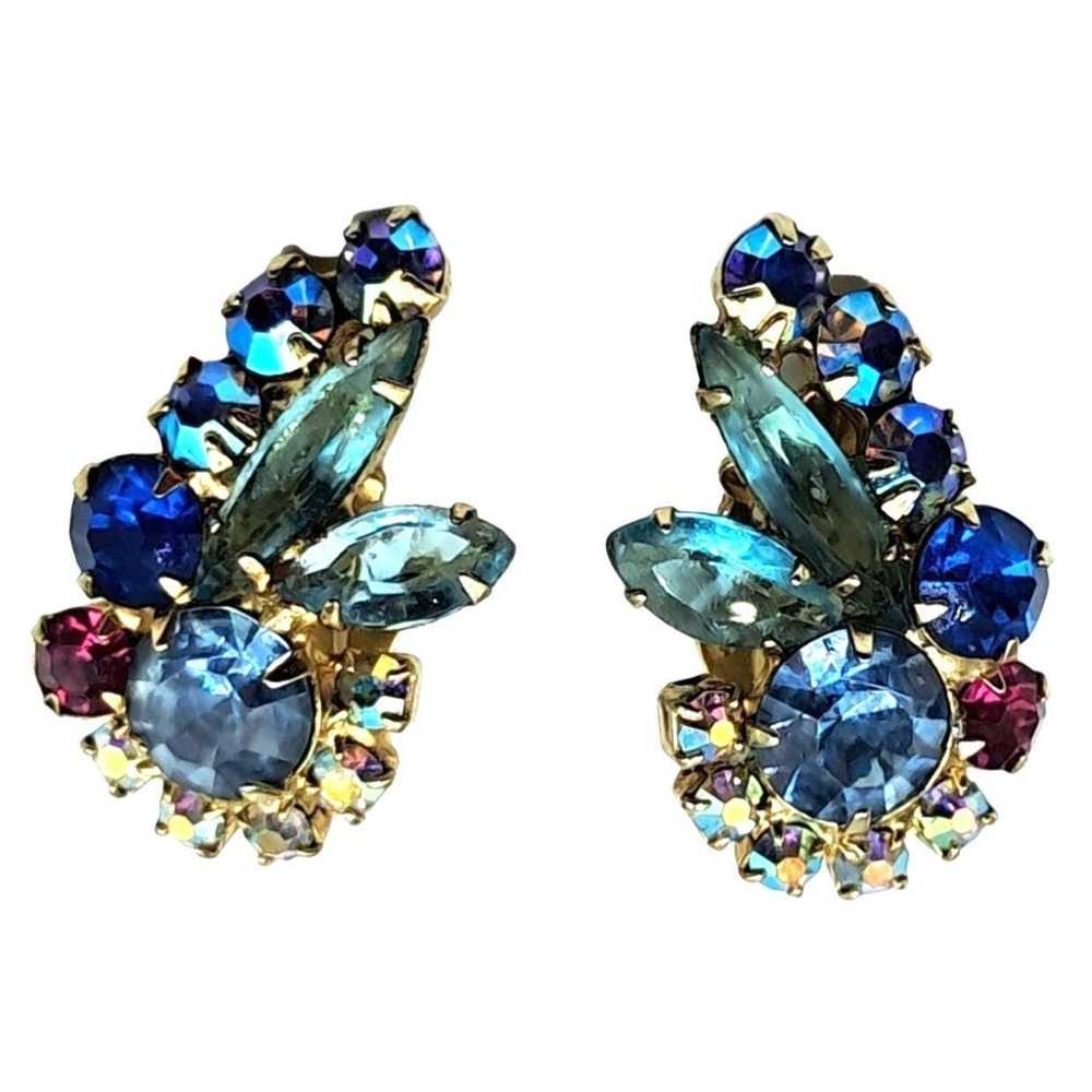 Juliana Rhinestone Earrings Multicolored Fuchsia Blue Vintage Costume Jewelry